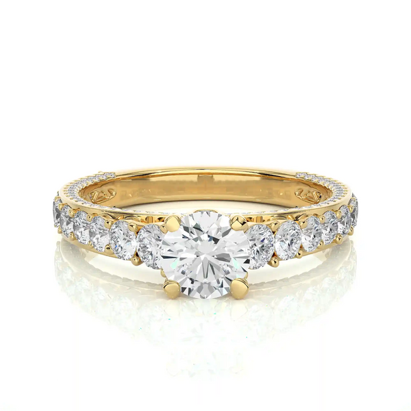 Front view of 2 Ct Bridge Set Moissanite Engagement Ring With Accent In Yellow Gold, highlighting the brilliant center moissanite stone.