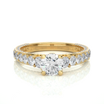Load image into Gallery viewer, Front view of 2 Ct Bridge Set Moissanite Engagement Ring With Accent In Yellow Gold, highlighting the brilliant center moissanite stone.
