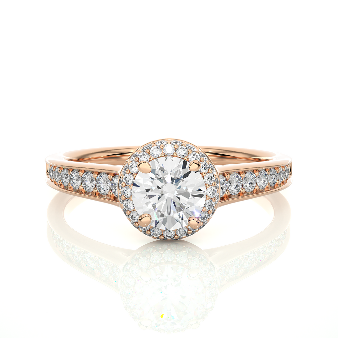 Front view of 2 Ct Round Cut Moissanite Halo Engagement Ring In Rose Gold, highlighting the brilliant center Moissanite stone.