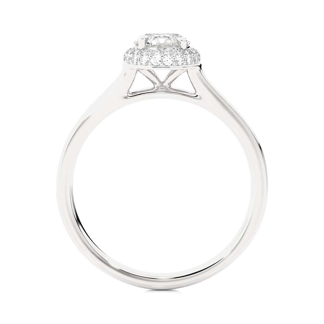 Side profile of 2 Ct Round Cut Moissanite Halo Engagement Ring In Silver, highlighting the brilliant center moissanite stone., highlighting the prong setting.