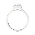 Load image into Gallery viewer, Side profile of 2 Ct Round Cut Moissanite Halo Engagement Ring In Silver, highlighting the brilliant center moissanite stone., highlighting the prong setting.
