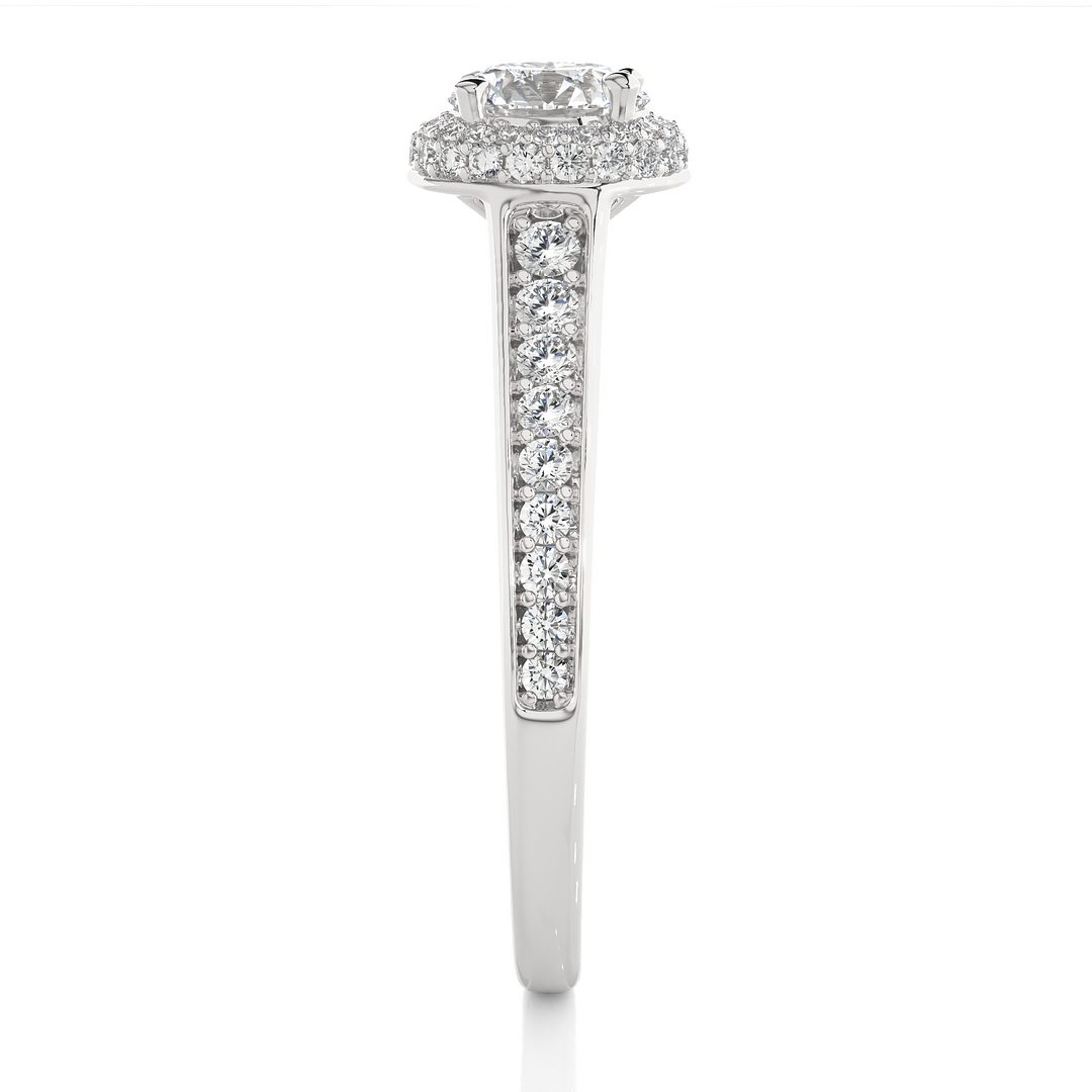 Side profile of 2 Ct Round Cut Moissanite Halo Engagement Ring In Silver, highlighting the brilliant center moissanite stone., highlighting the prong setting.