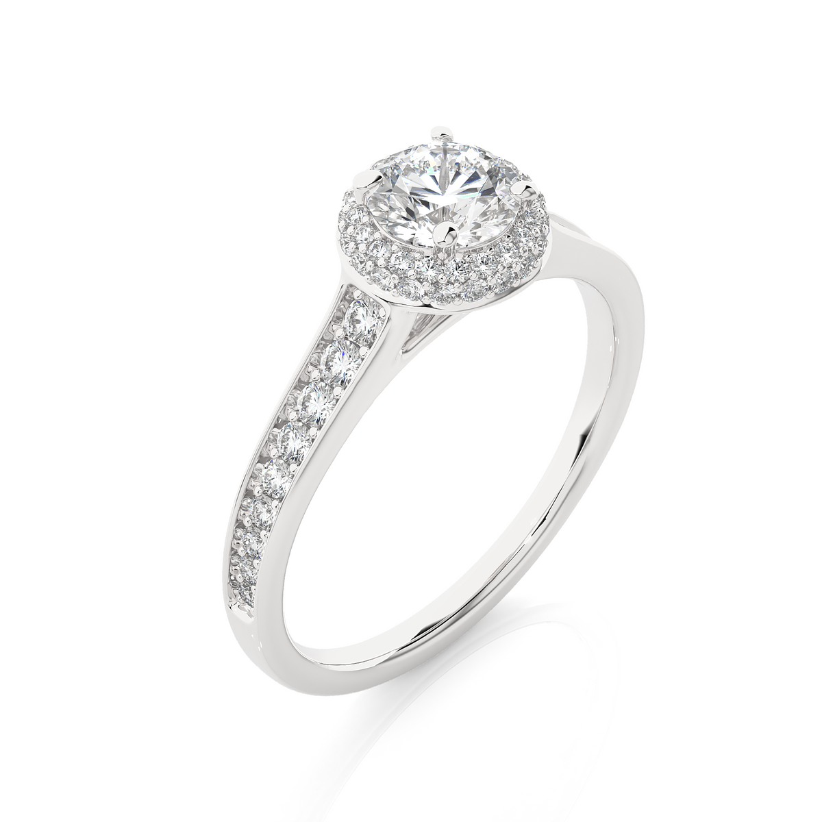 Angled view of 2 ct round cut moissanite halo engagement ring in white gold, showcasing the band and setting