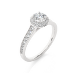 Load image into Gallery viewer, Angled view of 2 Ct Round Cut Moissanite Halo Engagement Ring In White Gold, showcasing the band and setting.​

