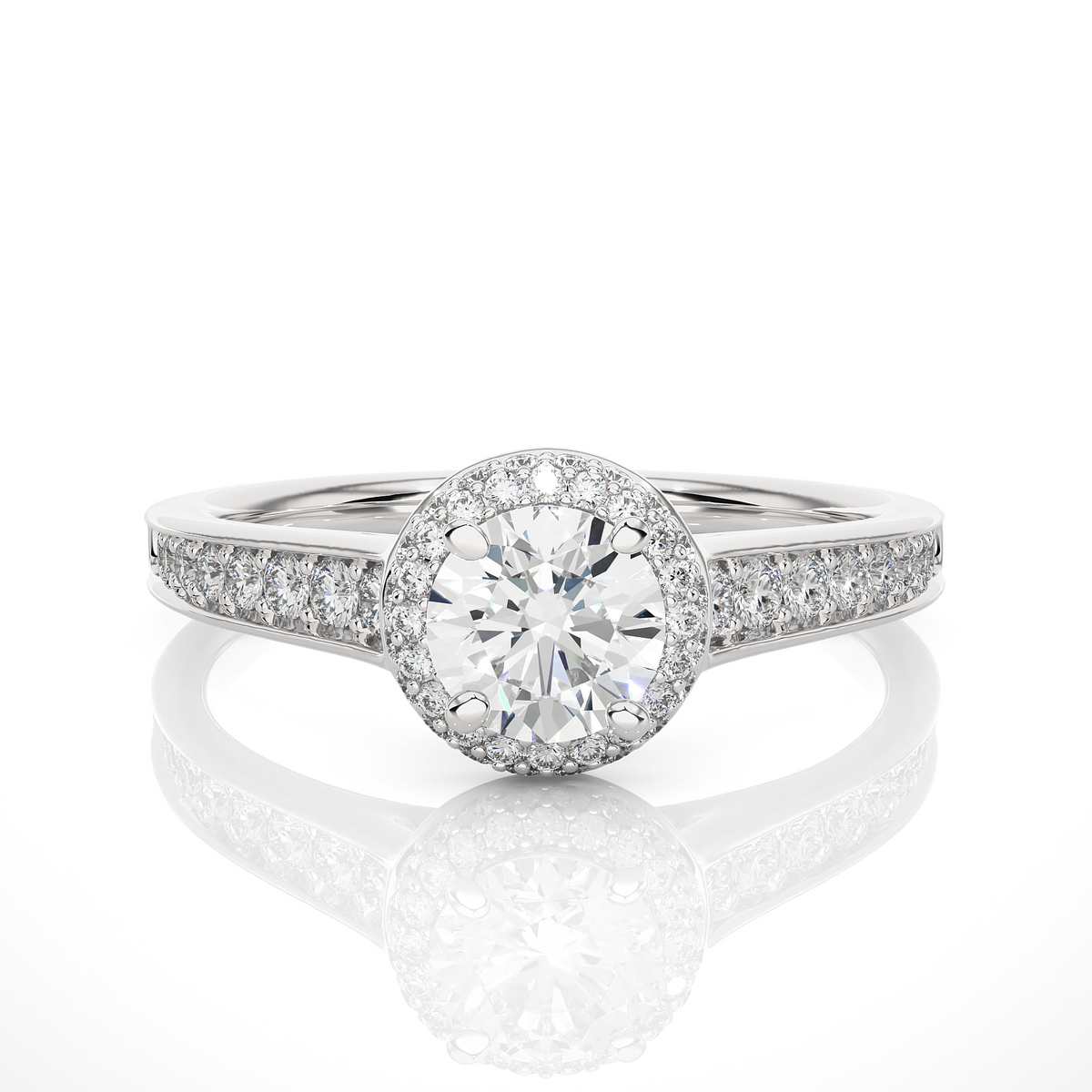 1 ct round cut moissanite halo engagement ring in white gold