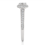 Load image into Gallery viewer, Side profile of 2 Ct Round Cut Moissanite Halo Engagement Ring In White Gold, highlighting the brilliant center moissanite stone., highlighting the prong setting.
