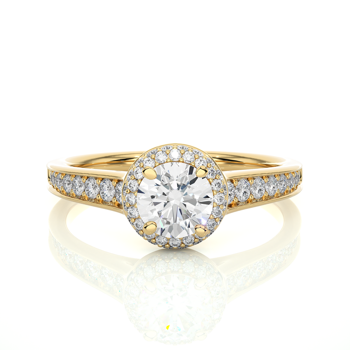 Front view of 2 ct round cut moissanite halo engagement ring in yellow gold, highlighting the brilliant center moissanite stone