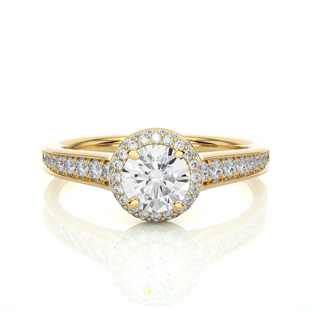 Front view of 2 Ct Round Cut Moissanite Halo Engagement Ring In Yellow Gold, highlighting the brilliant center Moissanite stone.
