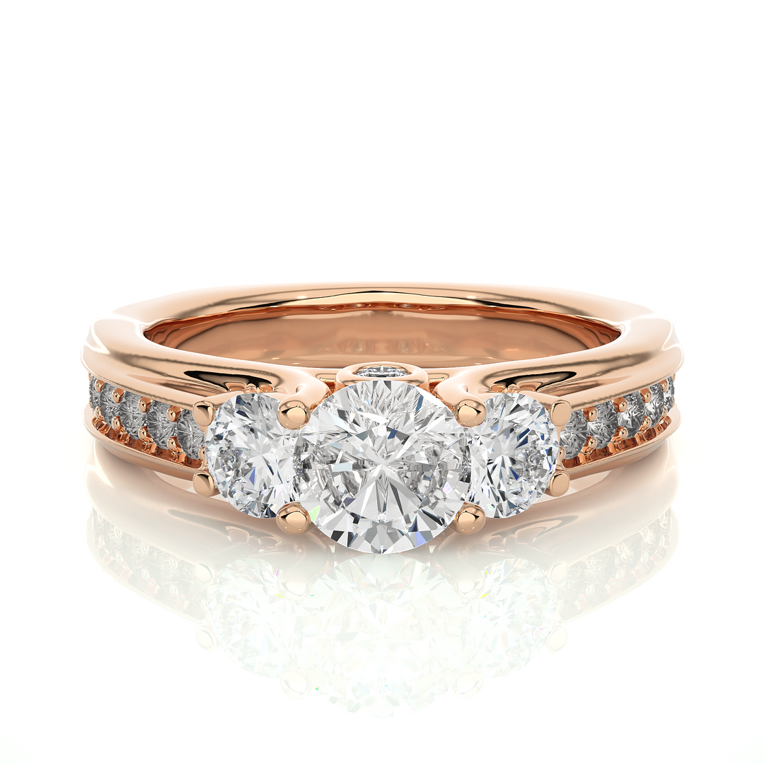 2 Ct Round Moissanite Three Stone Engagement Ring In Yellow Gold
