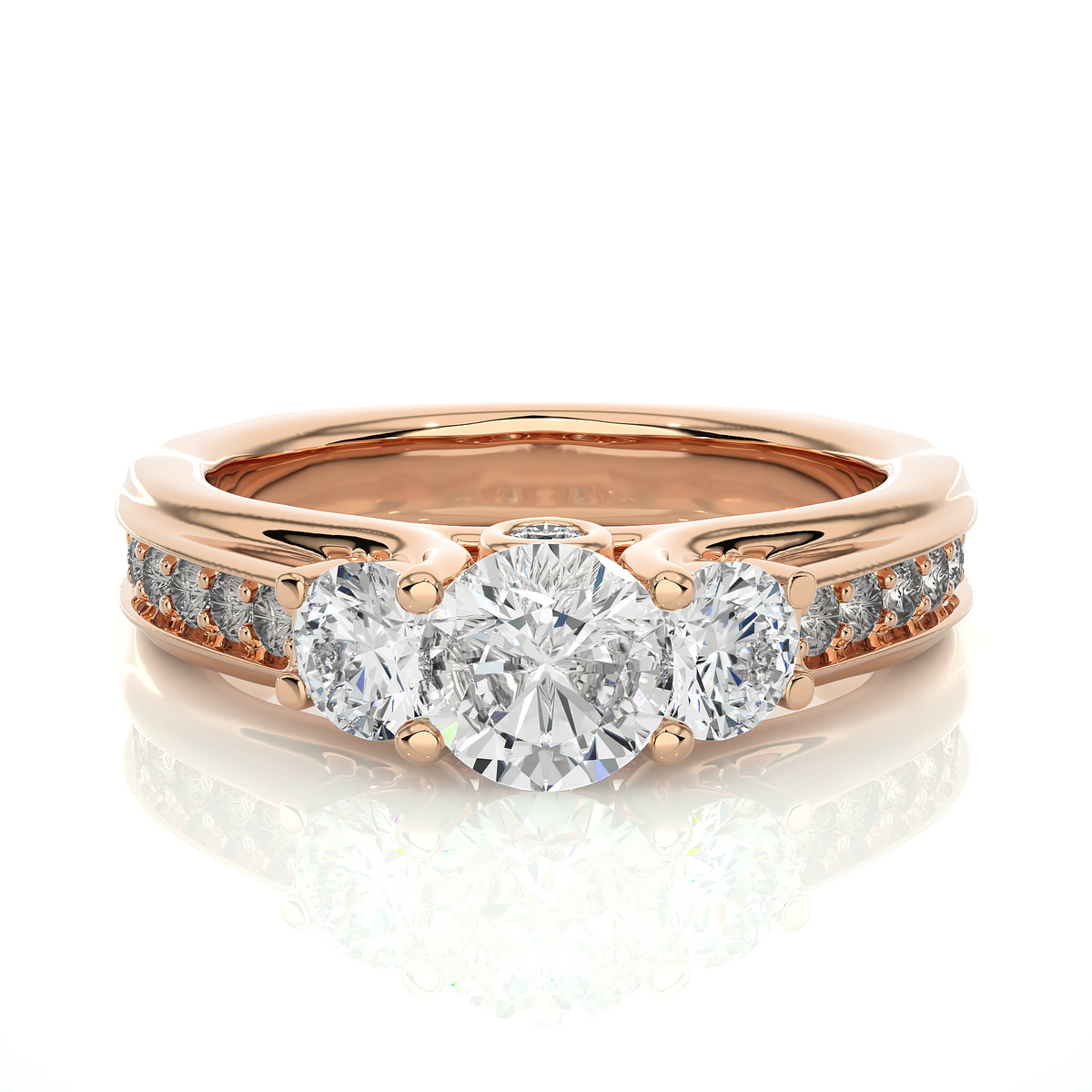 2 ct round moissanite three stone engagement ring in yellow gold