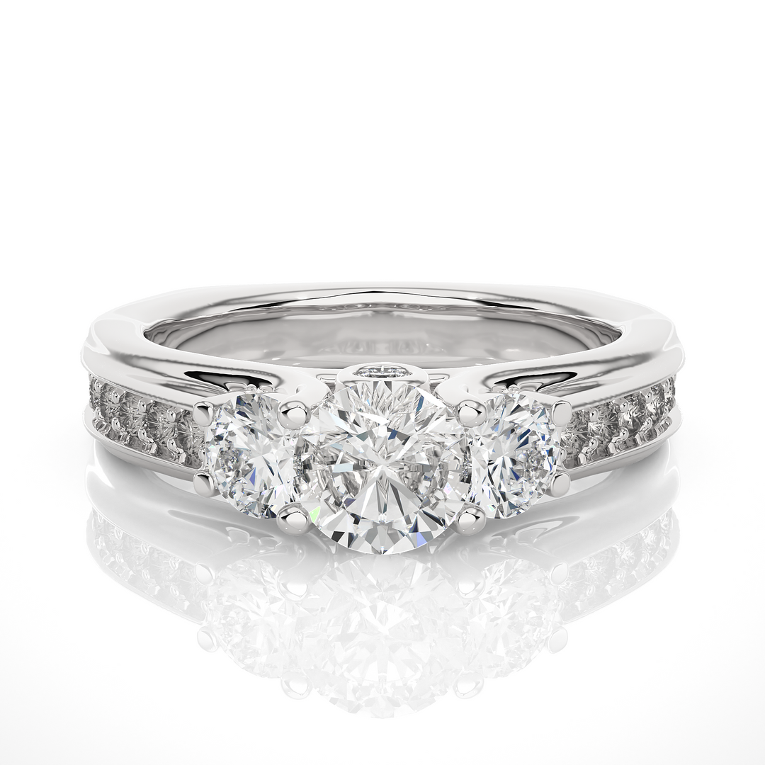2 Ct Round Moissanite Three Stone Engagement Ring In Yellow Gold