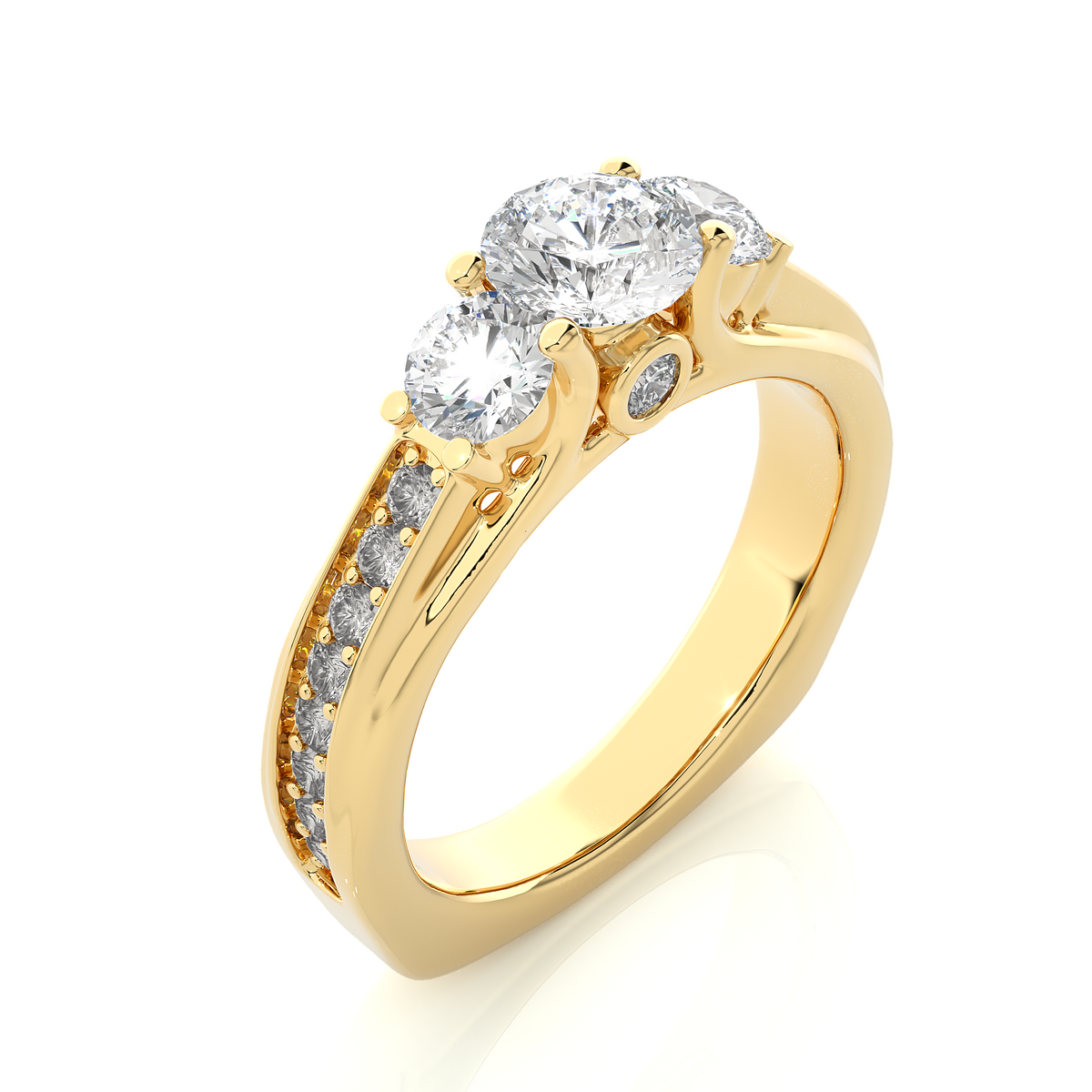 Angled view of 2 ct round moissanite three stone engagement ring in yellow gold, showcasing the band and setting