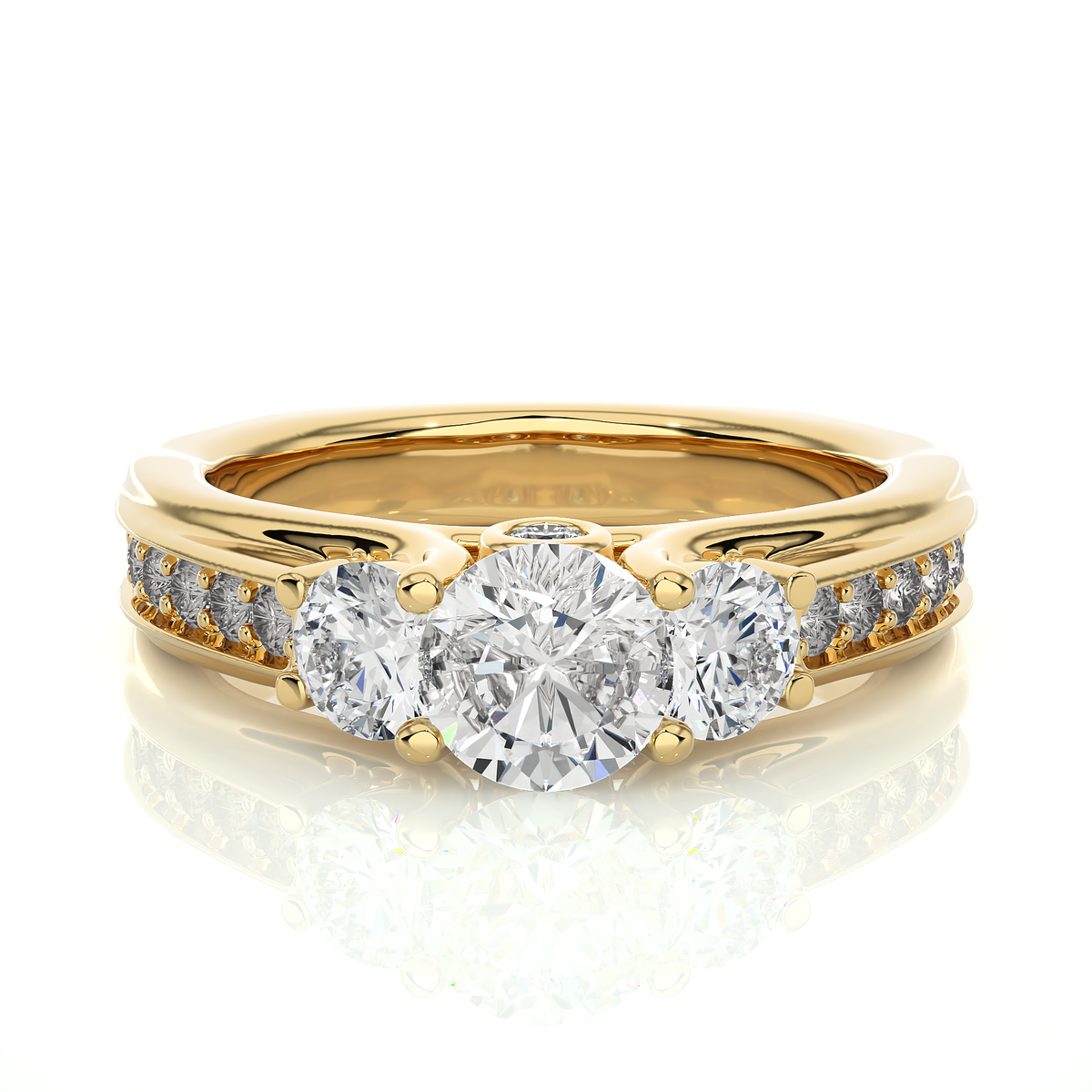 Front view of 2 ct round moissanite three stone engagement ring in yellow gold, highlighting the brilliant center moissanite stone