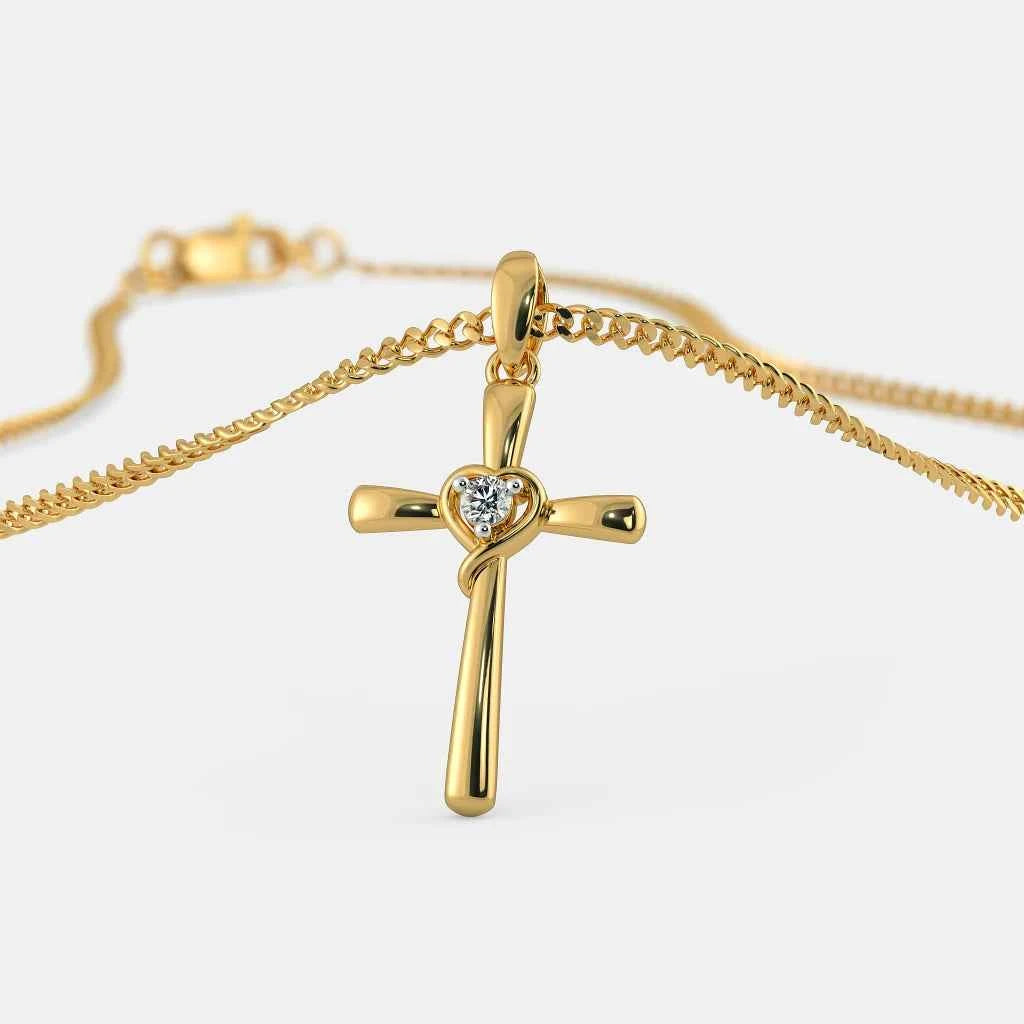 1 carat round shaped solitaire moissanite cross pendant in yellow gold