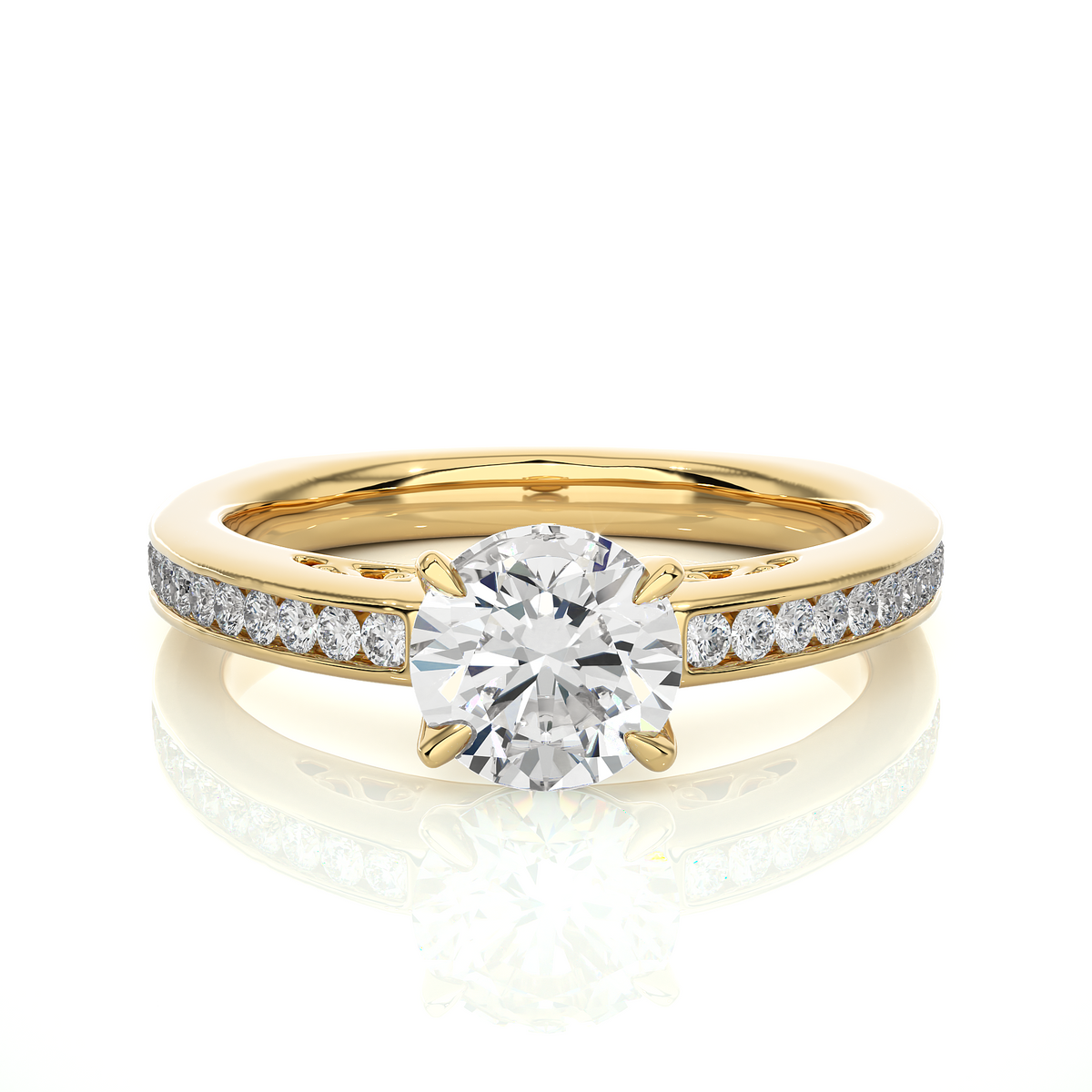 Basket setting with filigree pattern moissanite ring yellow gold
