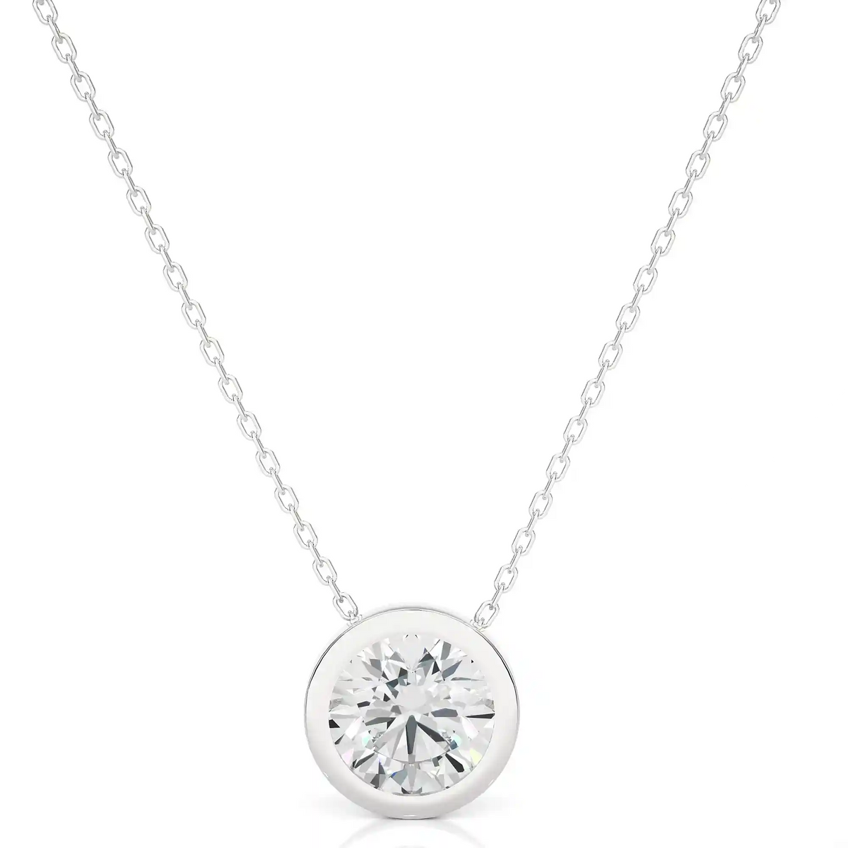 Bezzel round stone moissanite pendant white gold