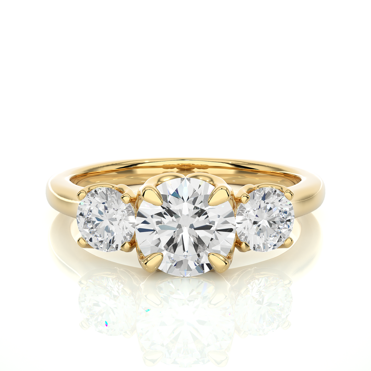 Center claw prong round stone moissanite ring yellow gold