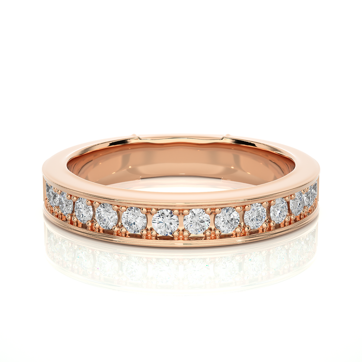 Channel with bead bright setting moissanite ring rose gold