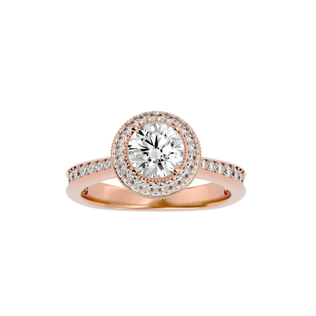Double halo with bead bright setting moissanite ring rose gold