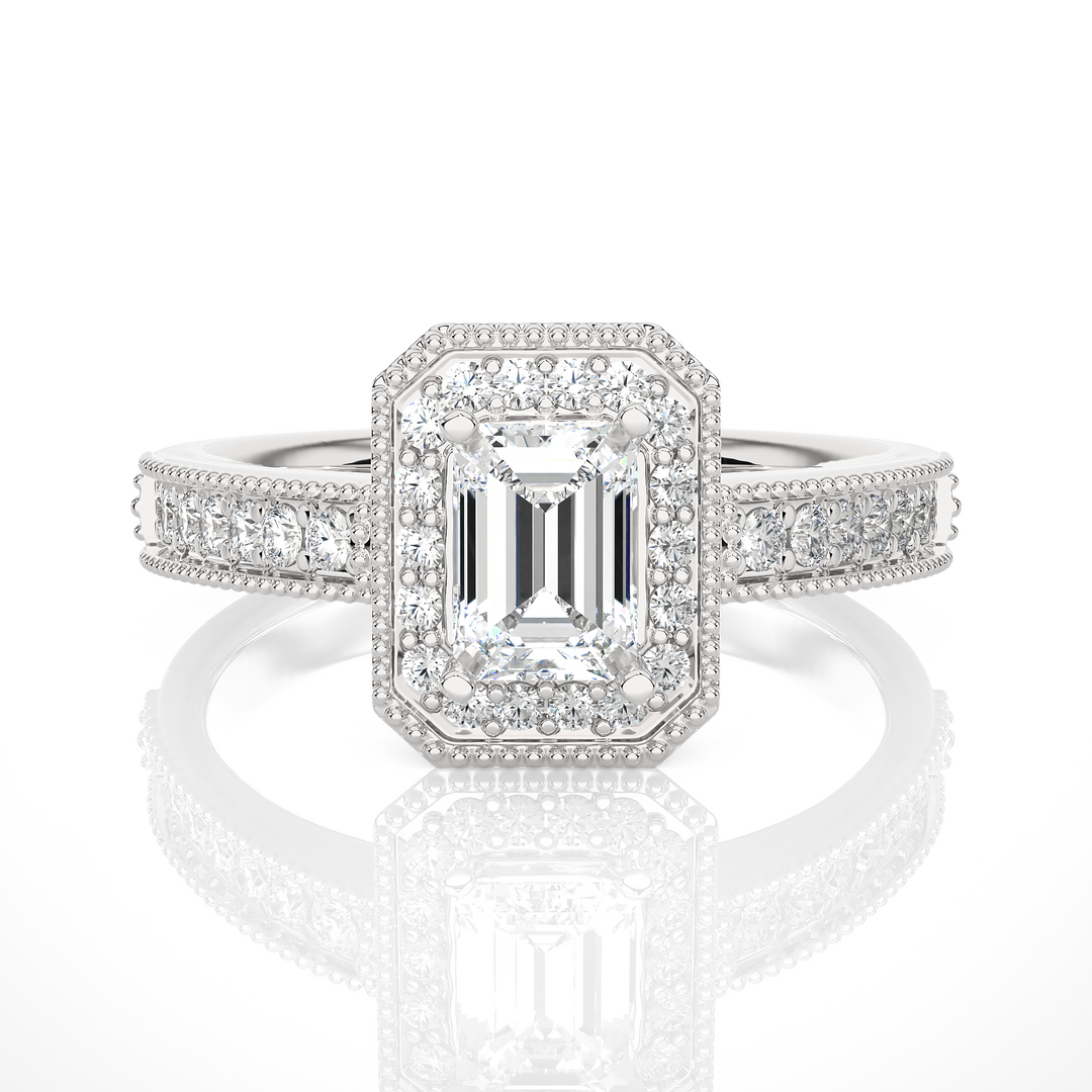 1.50 Carat Emerald Cut Moissanite Halo Engagement Ring In Yellow Gold