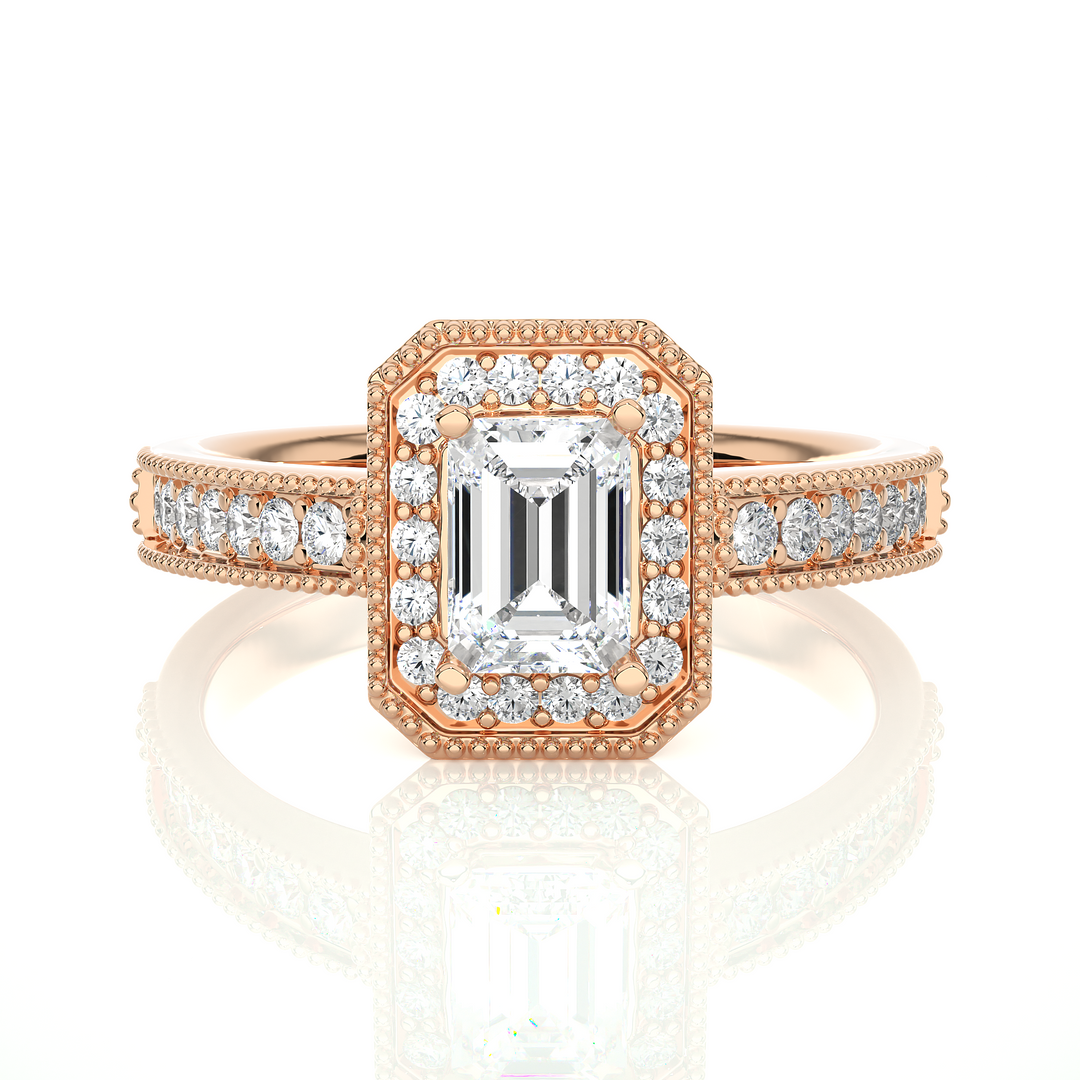 1.50 Carat Emerald Cut Moissanite Halo Engagement Ring In White Gold