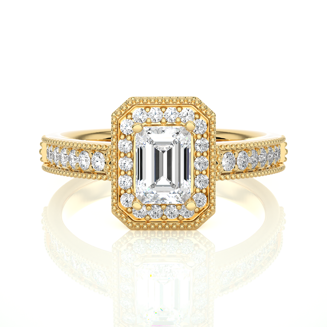 1.50 Carat Emerald Cut Moissanite Halo Engagement Ring In White Gold