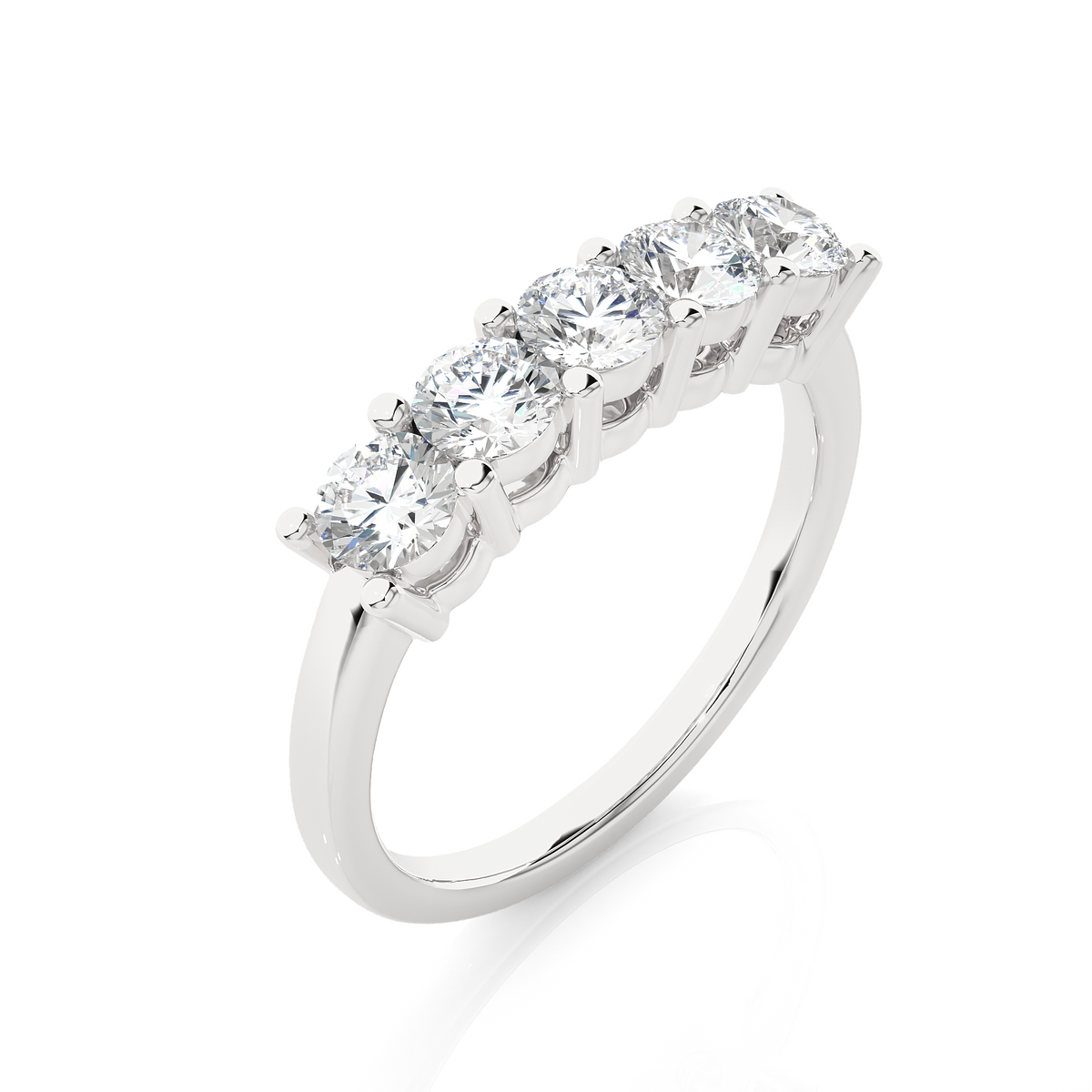 1 carat shared prong five stone moissanite ring in white gold