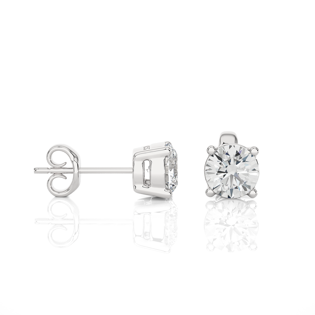 1 carat four prong round cut moissanite earrings in silver