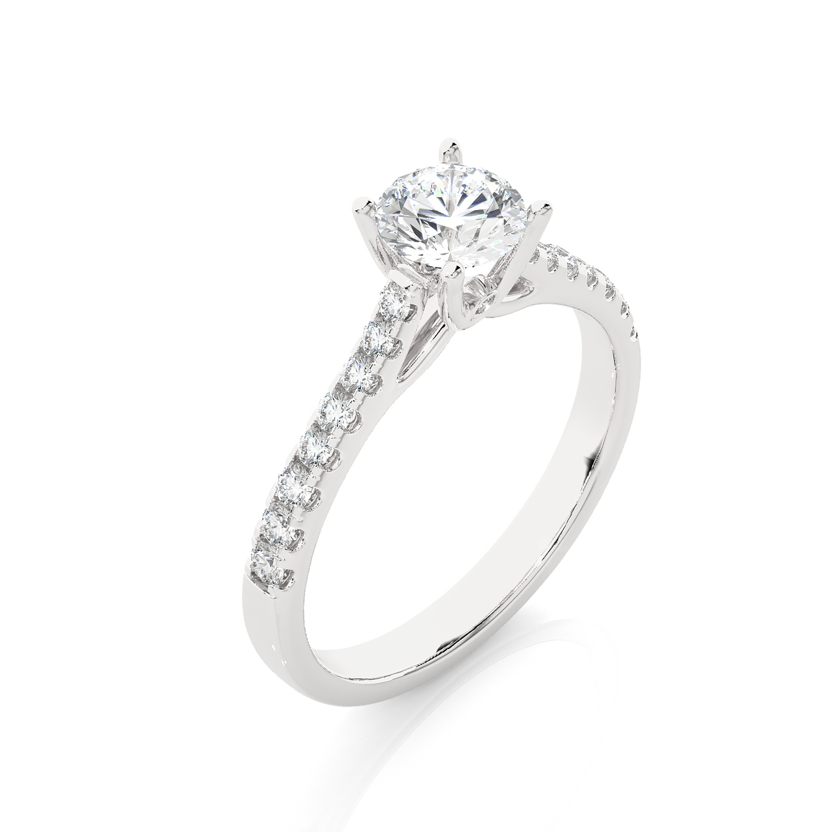 French v split with bridge accent solitaire ring white gold