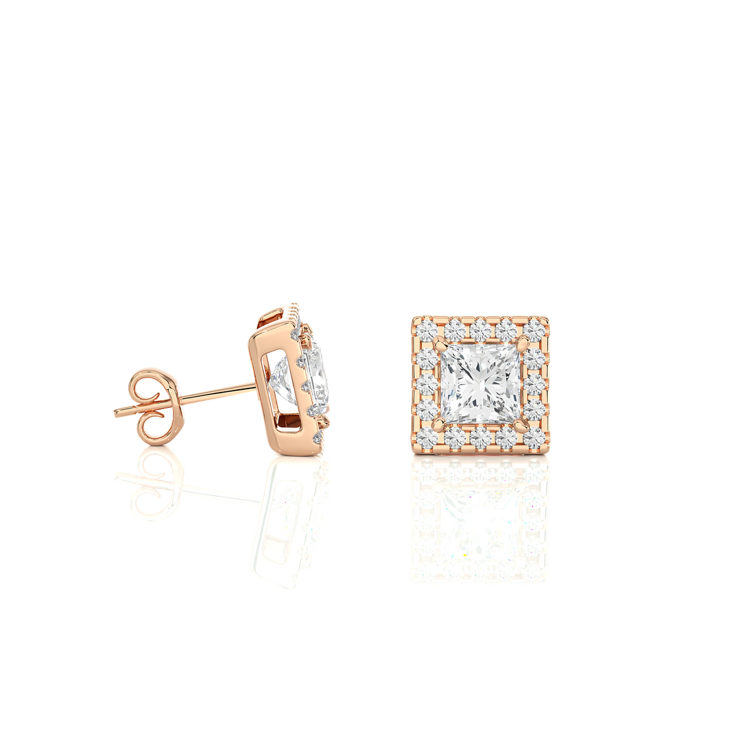 2 Ct Princess Cut Moissanite Halo Stud Earrings In Rose Gold