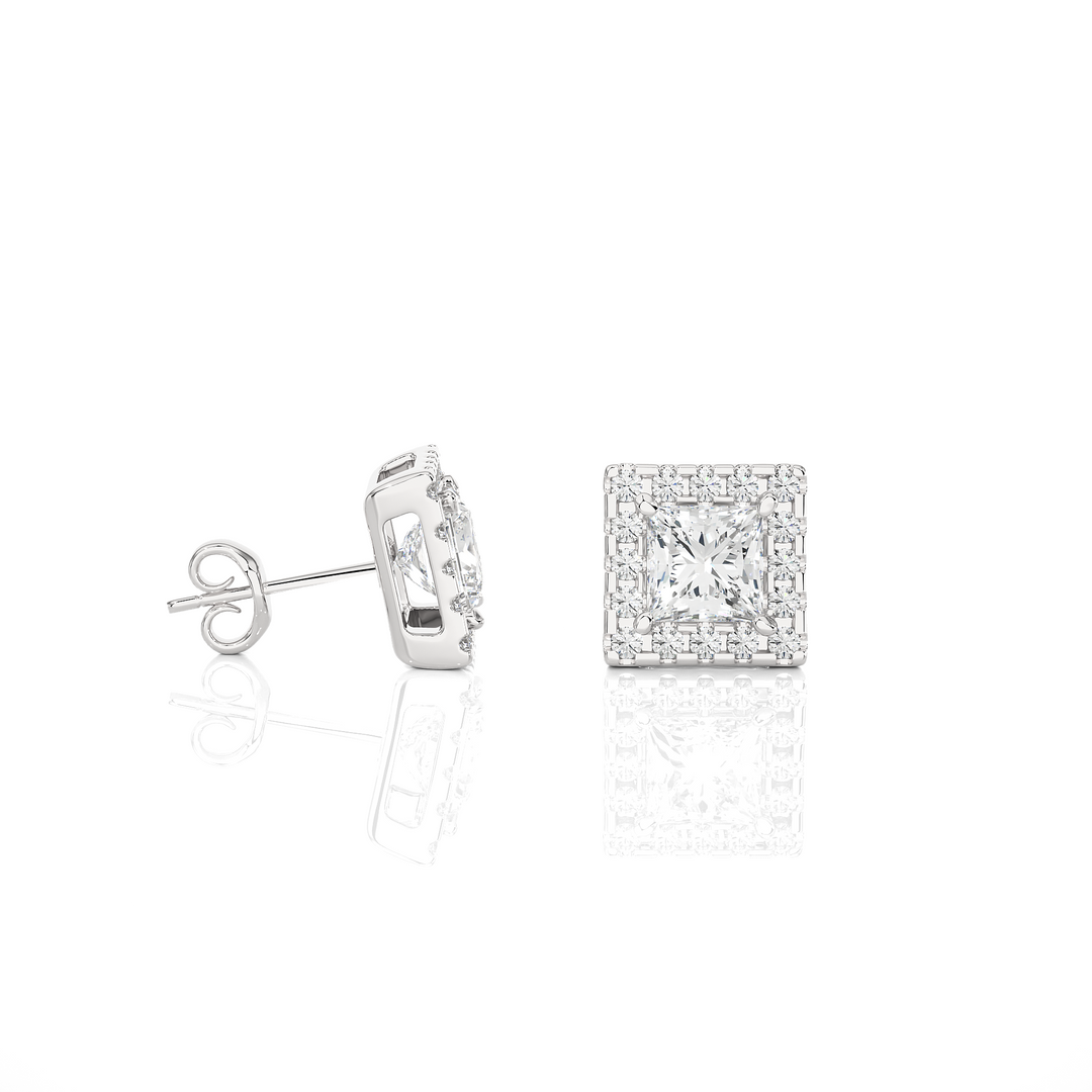 2 Ct Princess Cut Moissanite Halo Stud Earrings In White Gold