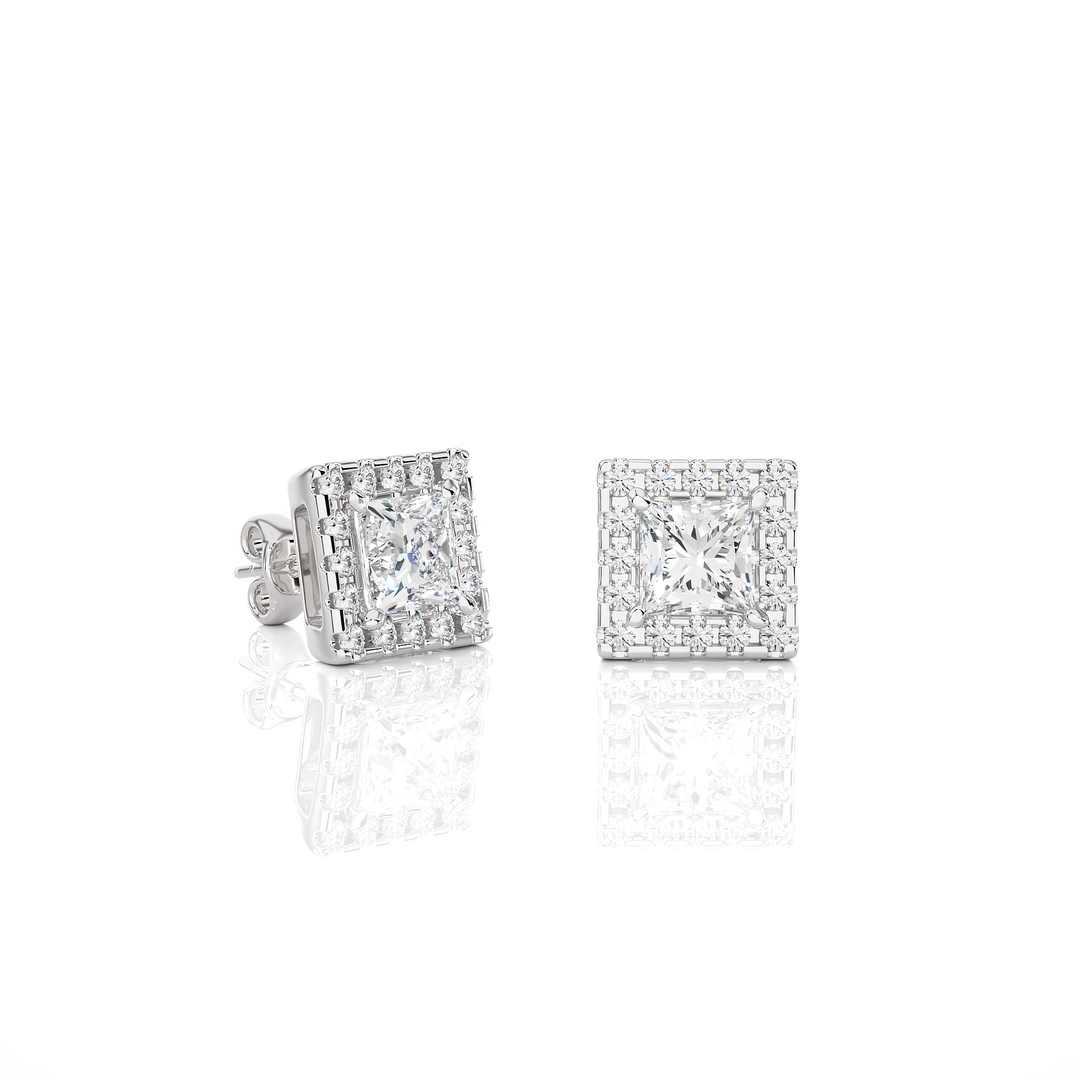 2 Ct Princess Cut Moissanite Halo Stud Earrings In White Gold