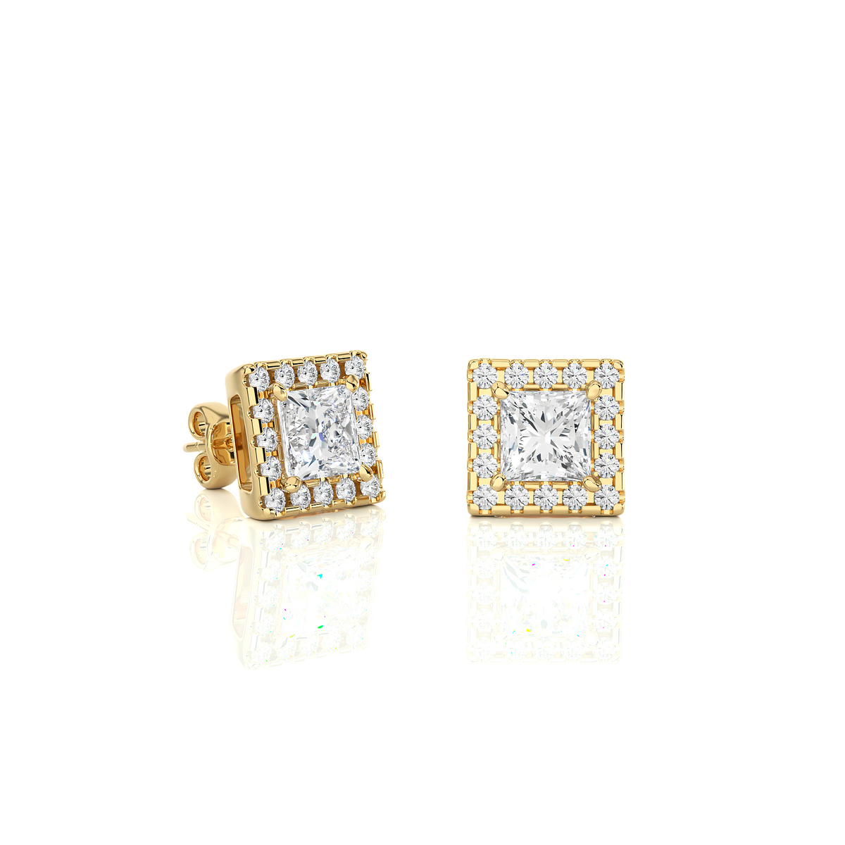 2 ct princess cut moissanite halo stud earrings in yellow gold