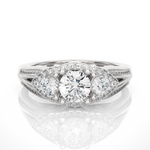 Load image into Gallery viewer, 2 Carat Moissanite Three Stone Halo Engagement Ring In Yellow Gold
