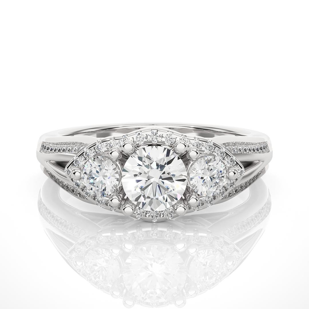2 Carat Moissanite Three Stone Halo Engagement Ring In White Gold