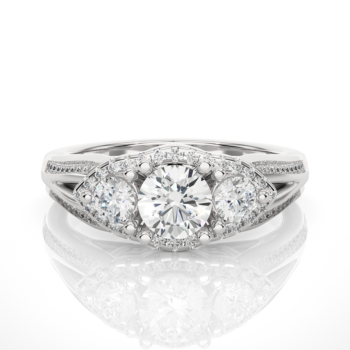 2 carat moissanite three stone halo engagement ring in white gold