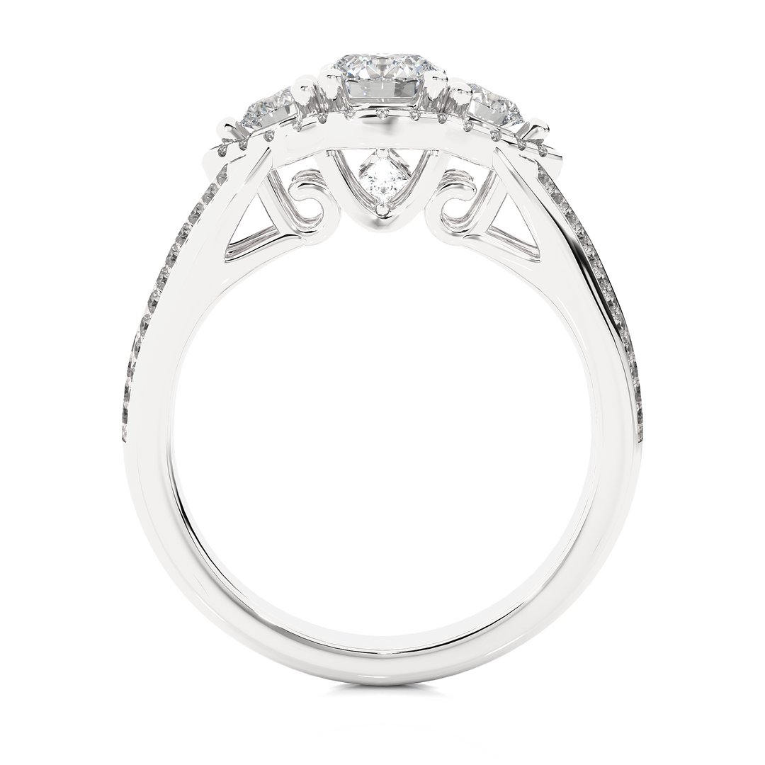Halo Three Stone Split Shank Moissanite Ring white gold