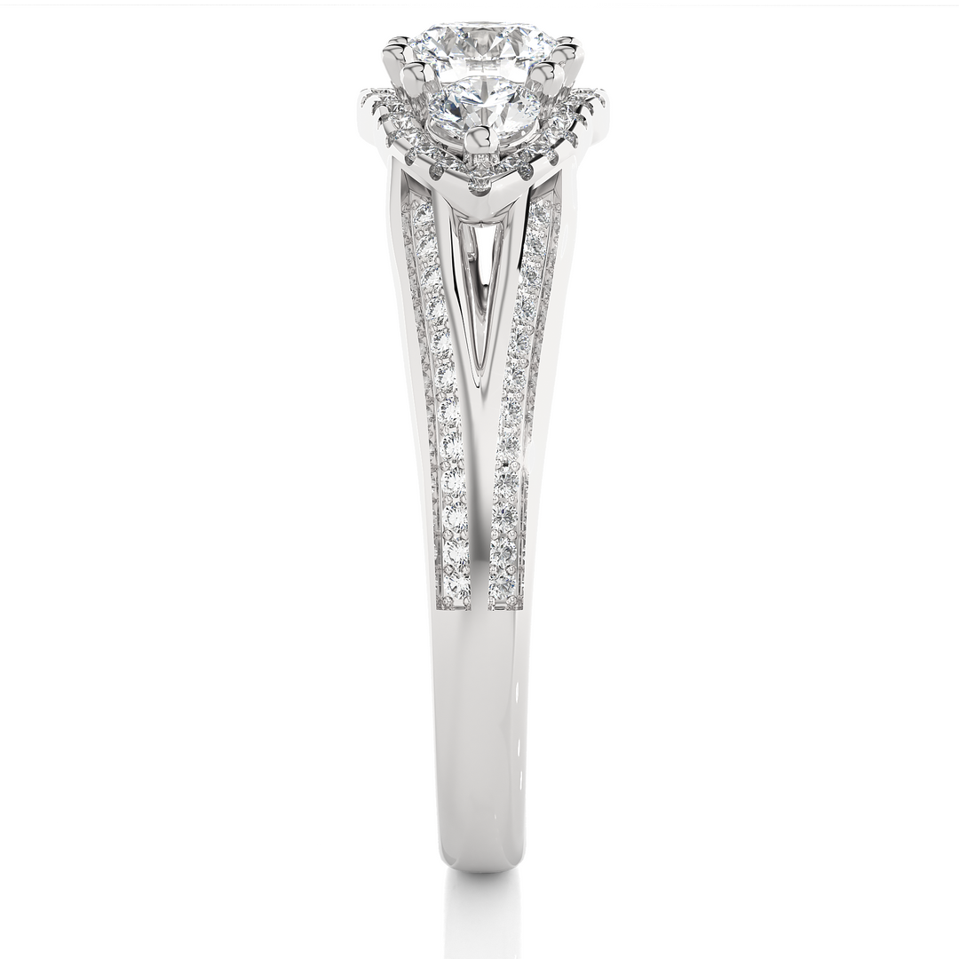 Halo Three Stone Split Shank Moissanite Ring white gold