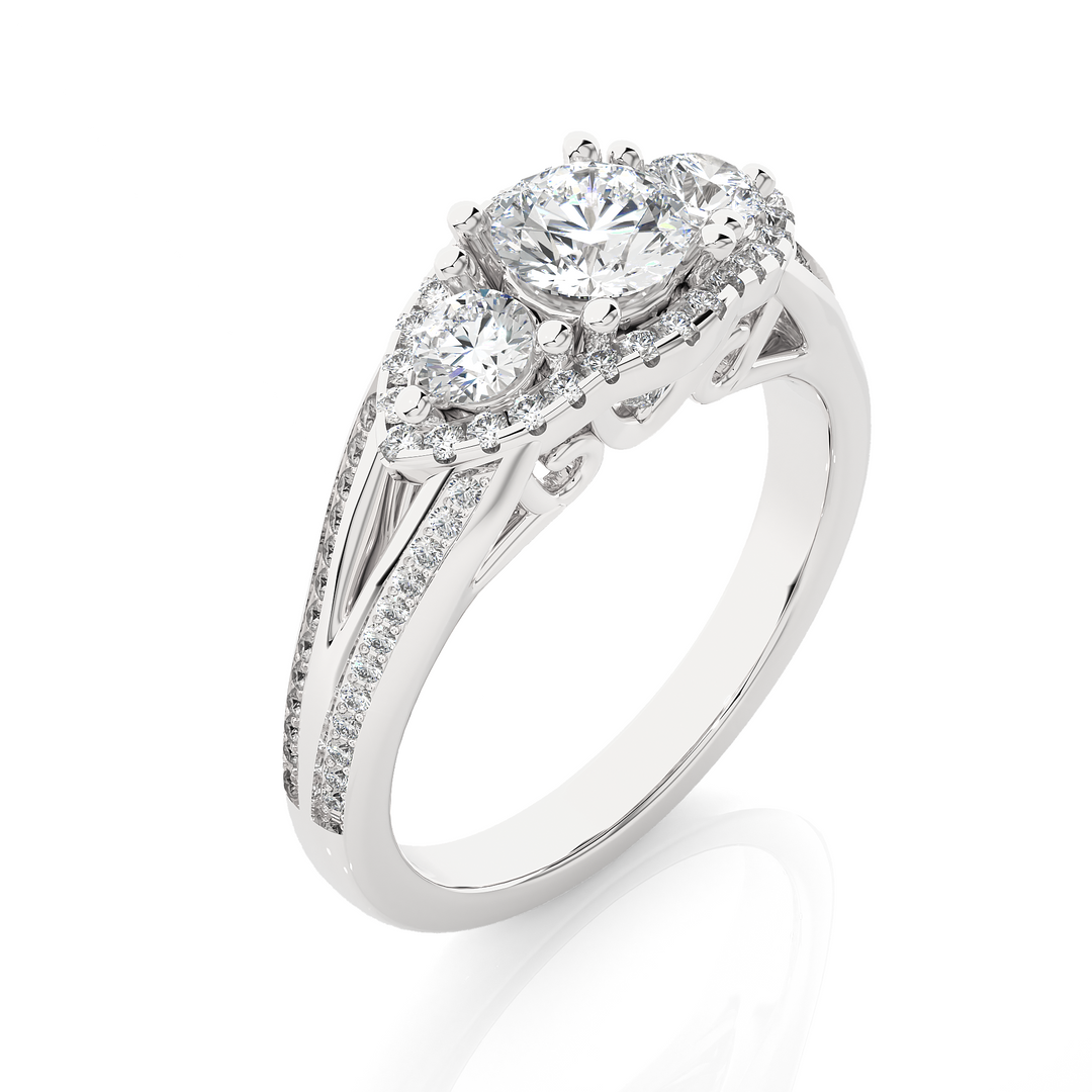 Halo Three Stone Split Shank Moissanite Ring white gold