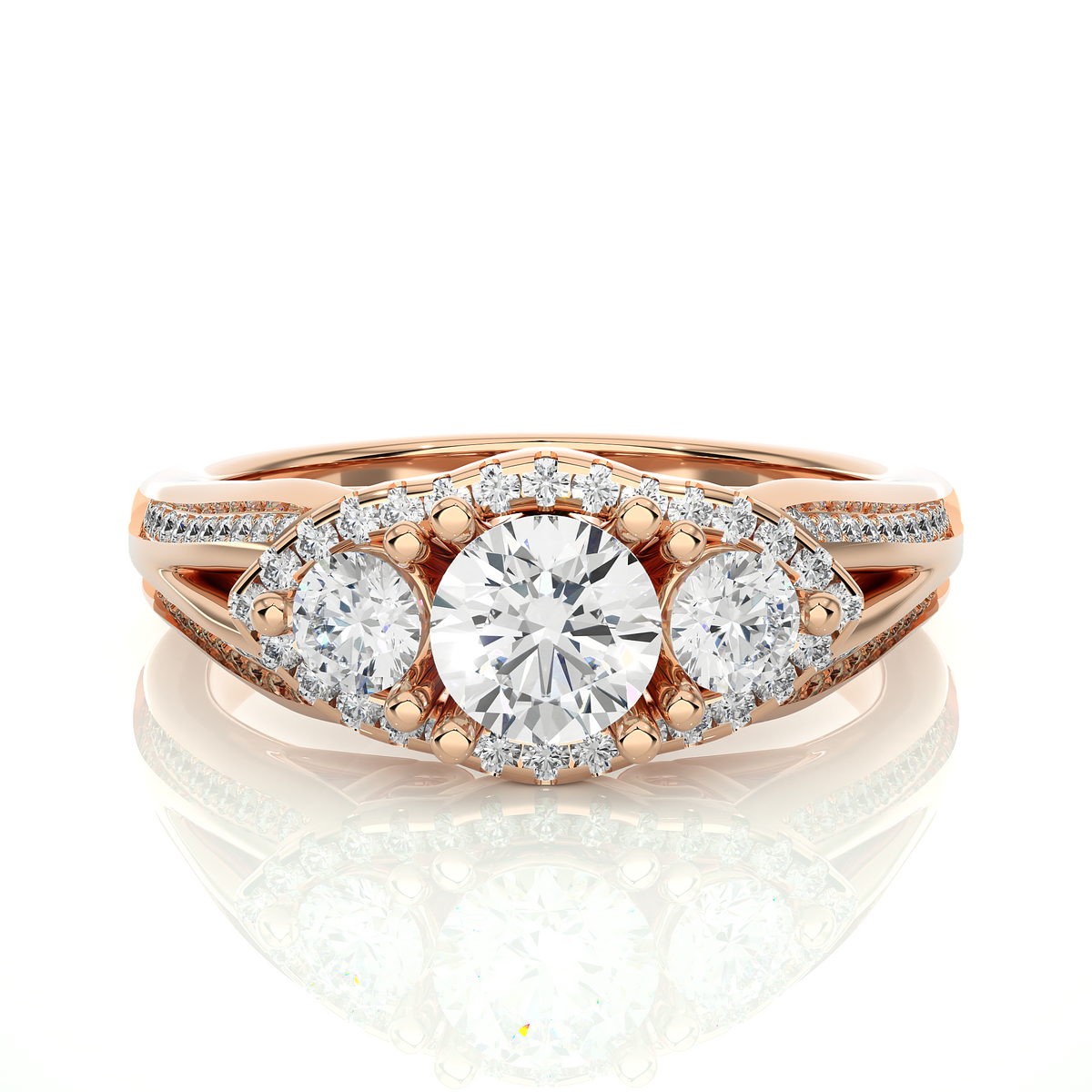 2 carat moissanite three stone halo engagement ring in rose gold