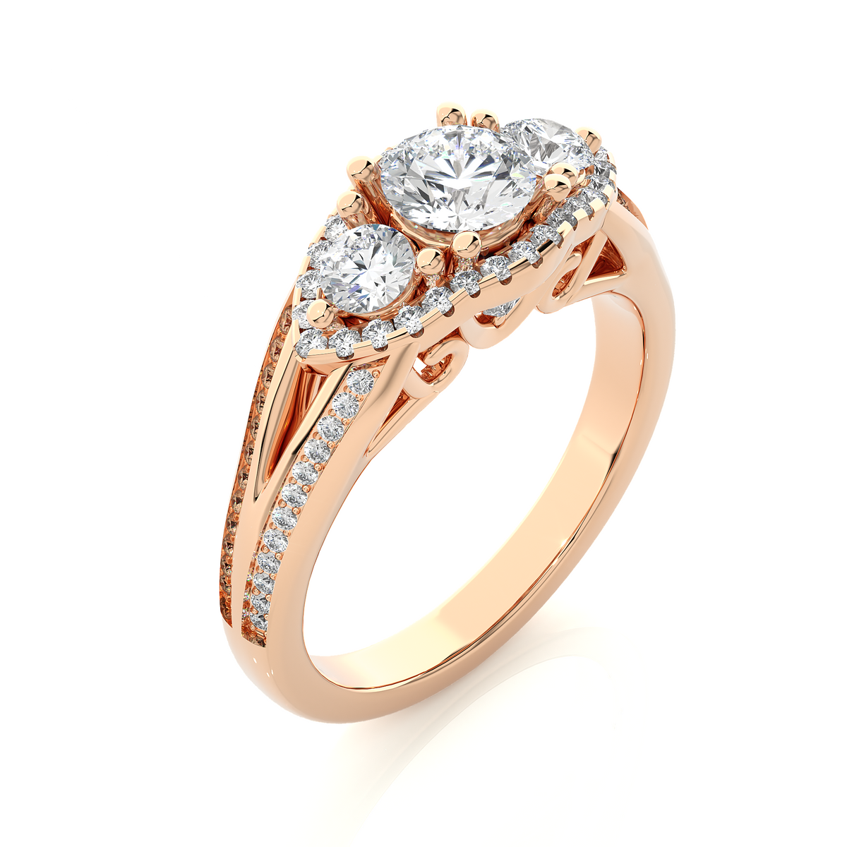 Halo three stone split shank moissanite ring rose gold
