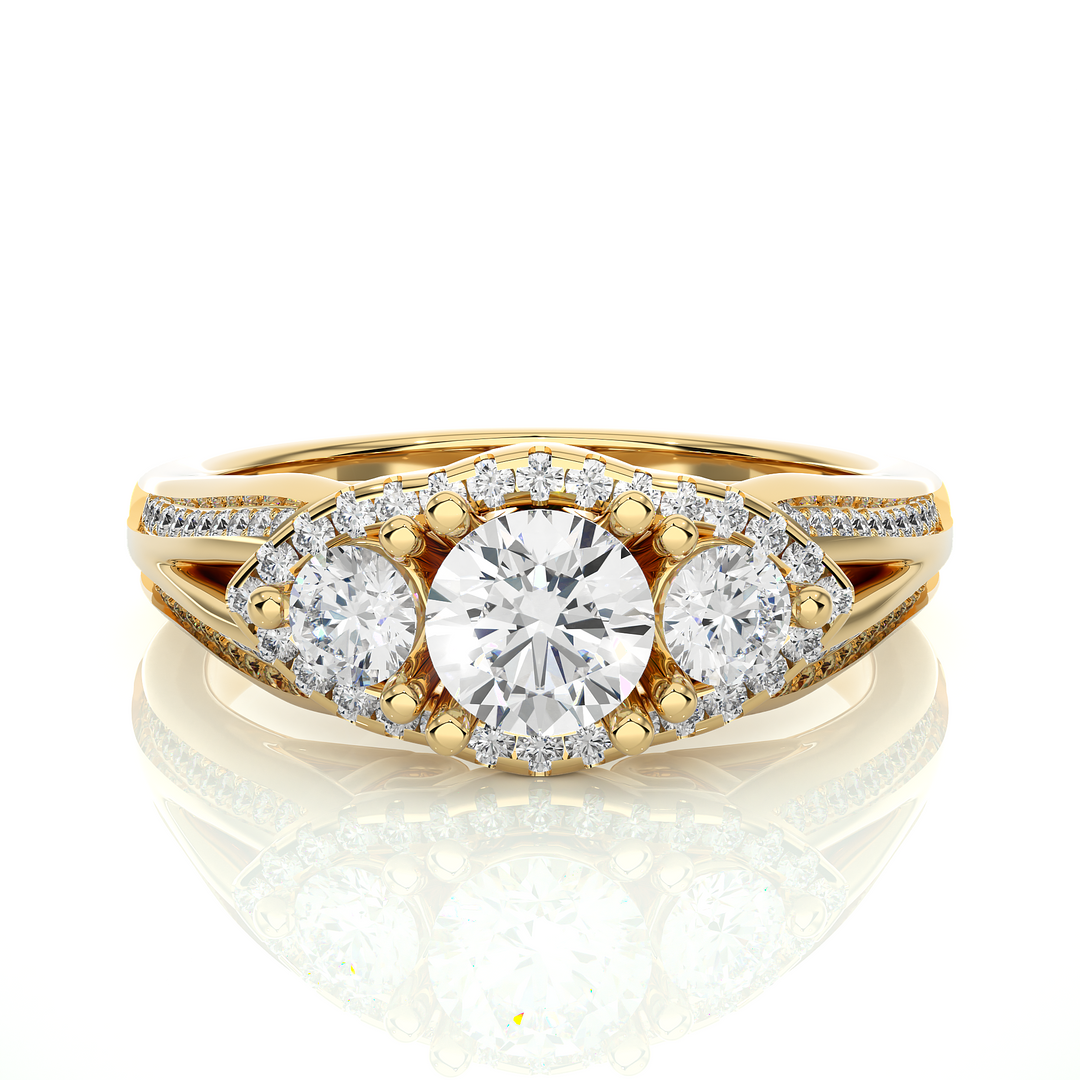 Halo Three Stone Split Shank Moissanite Ring yellow gold