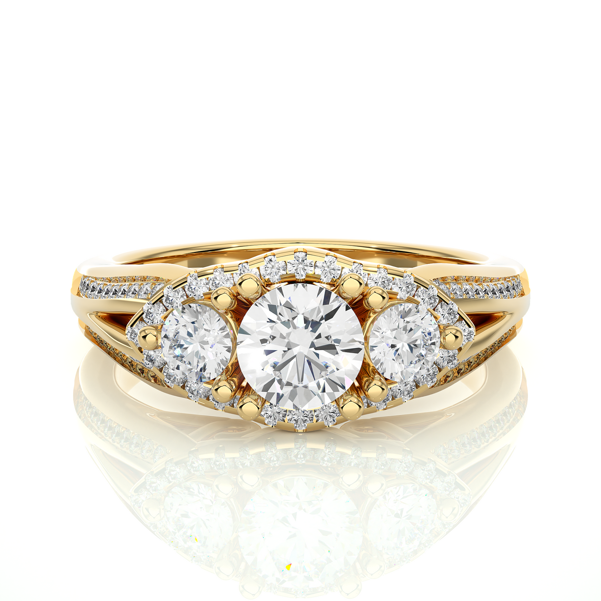 Halo three stone split shank moissanite ring yellow gold
