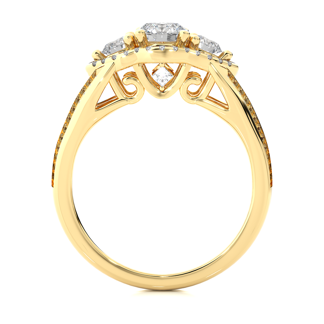 Halo Three Stone Split Shank Moissanite Ring yellow gold