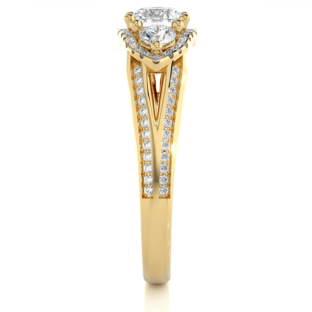 Halo Three Stone Split Shank Moissanite Ring yellow gold