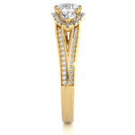 Load image into Gallery viewer, Halo Three Stone Split Shank Moissanite Ring yellow gold
