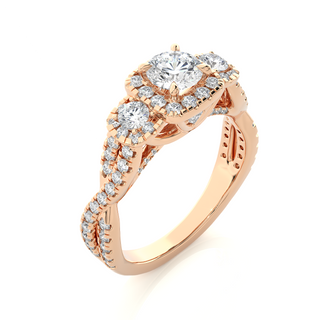 Halo Twisted Three Stone Moissanite Ring rose gold