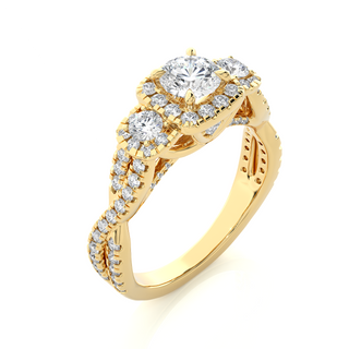 Halo Twisted Three Stone Moissanite Ring yellow gold