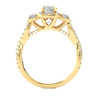 Halo Twisted Three Stone Moissanite Ring yellow gold