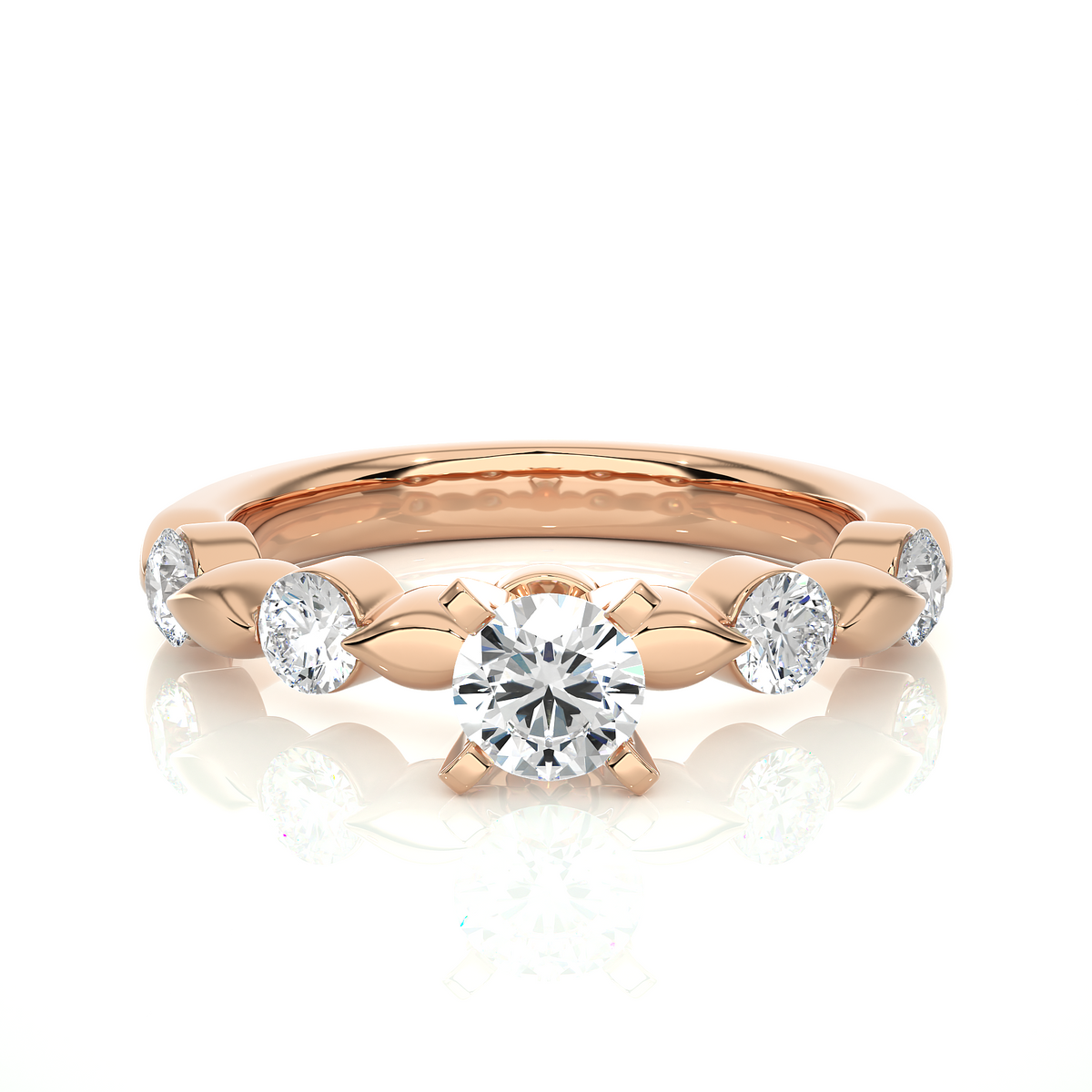Leaf design with five round stone moissanite ring rose gold